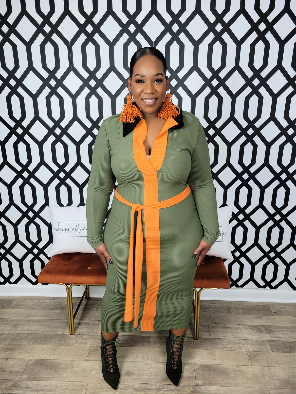 Orange and Green Belted Dress