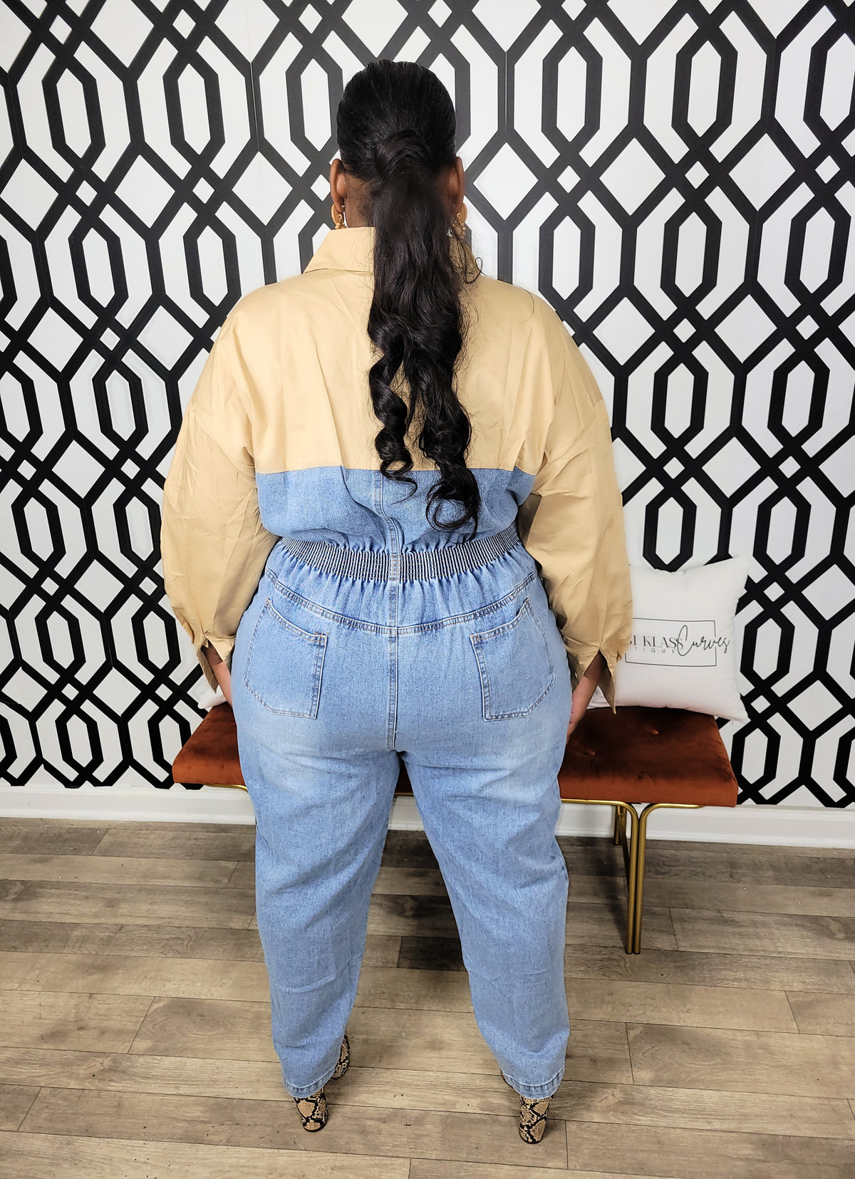 Tan Top Denim Jumpsuit